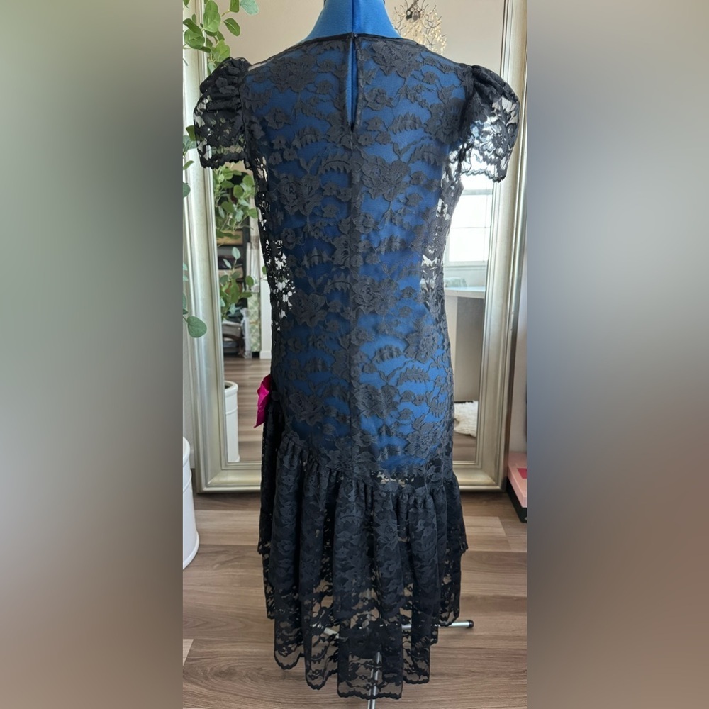 Vintage 80s Neiman Marcus Big Pink Bow Black Lace Maxi Dress - Picture 3 of 11
